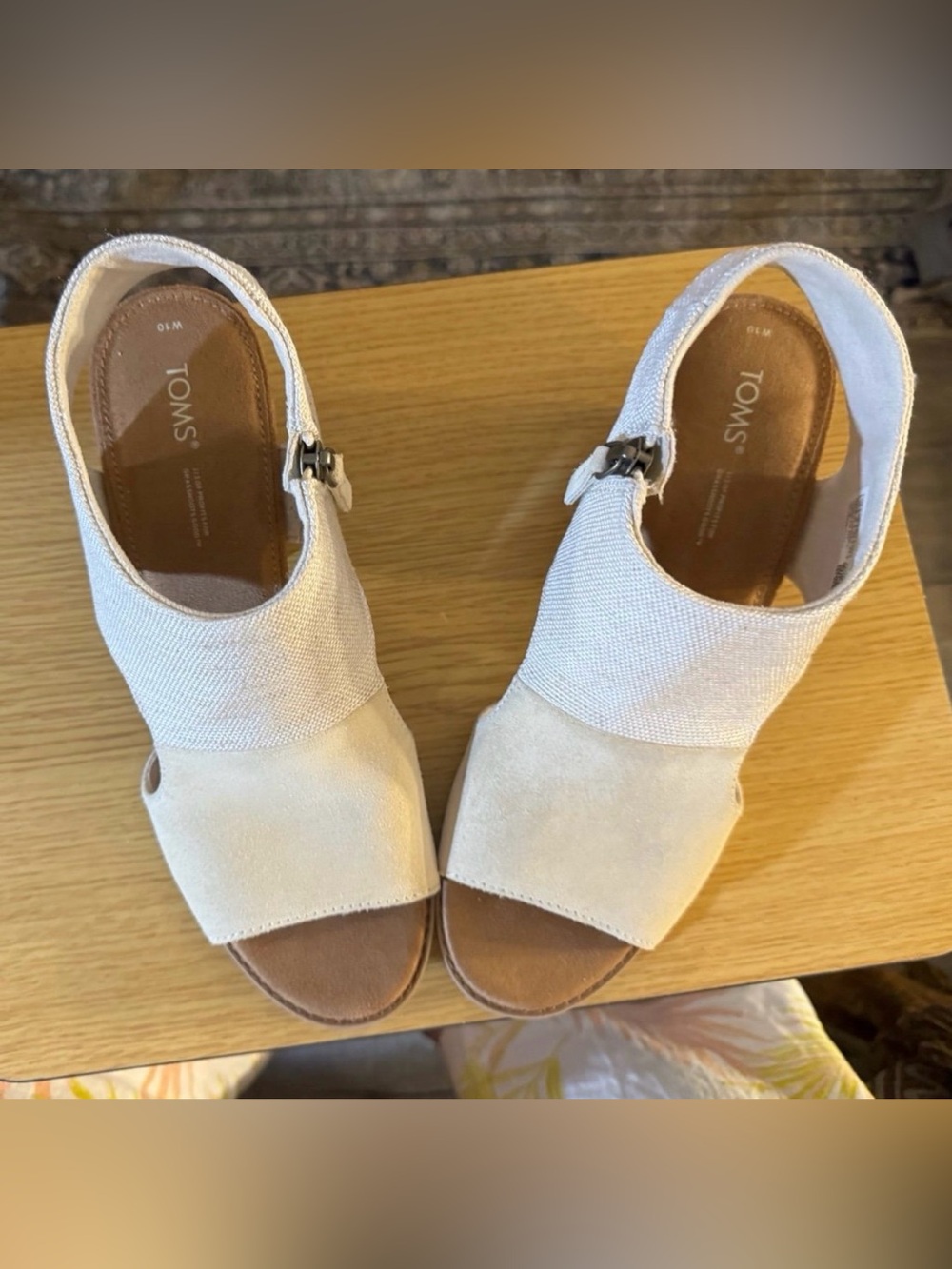 TOMS Cream Linen & Suede Block Heel Sandals | Size 10